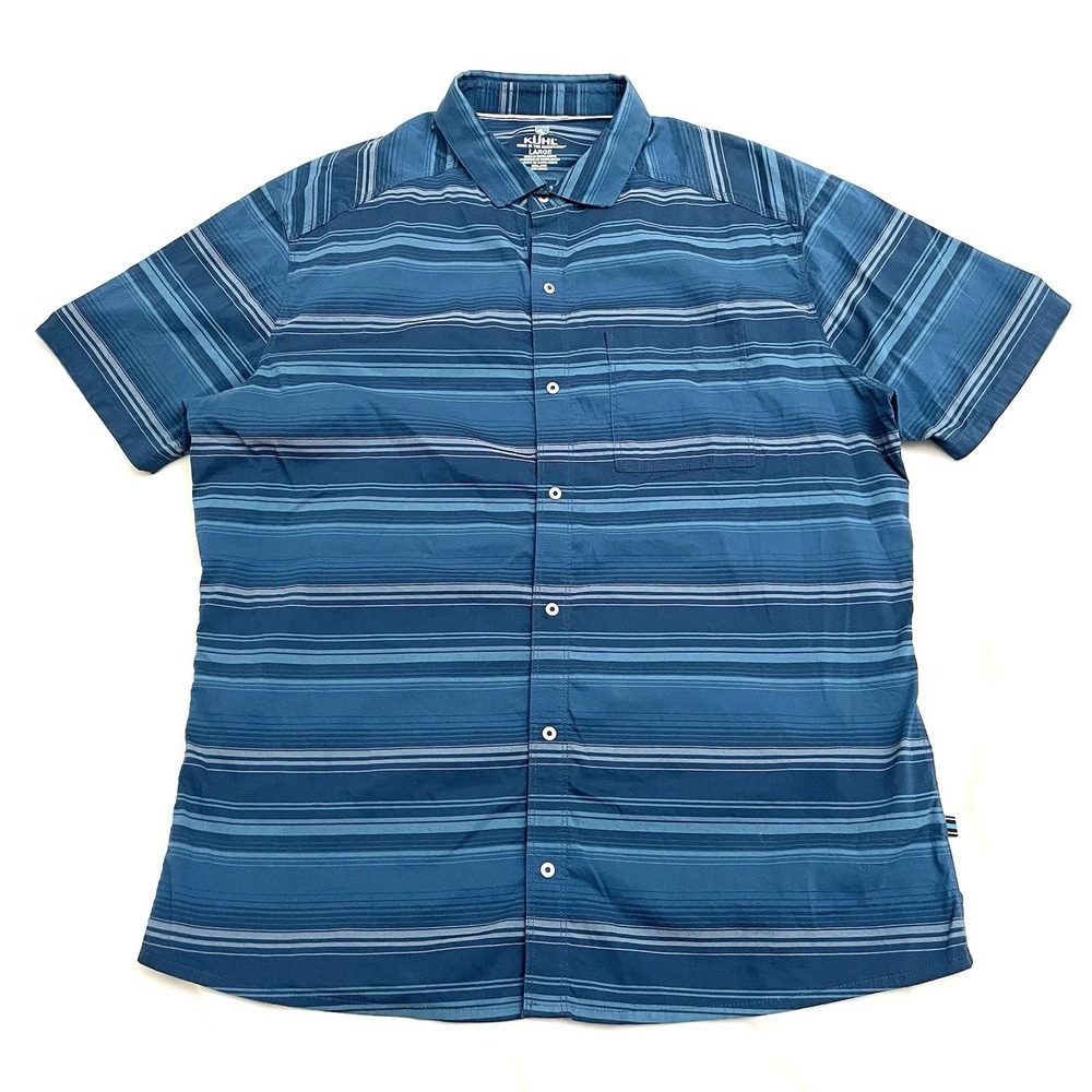 Kuhl Intriguer Short Sleeve Button Up Shirt Large Blue Striped Stretch UPF 50+